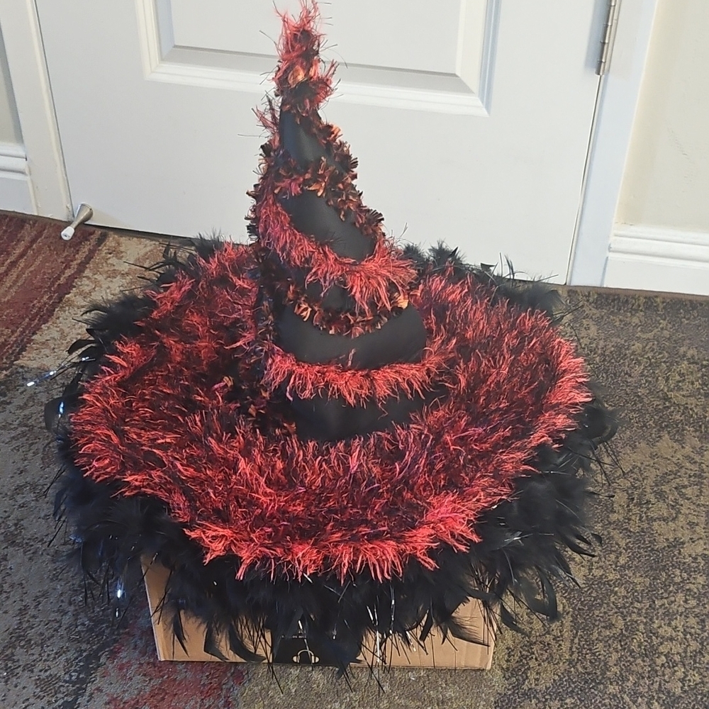 Black and Red Feathered Witch Hat